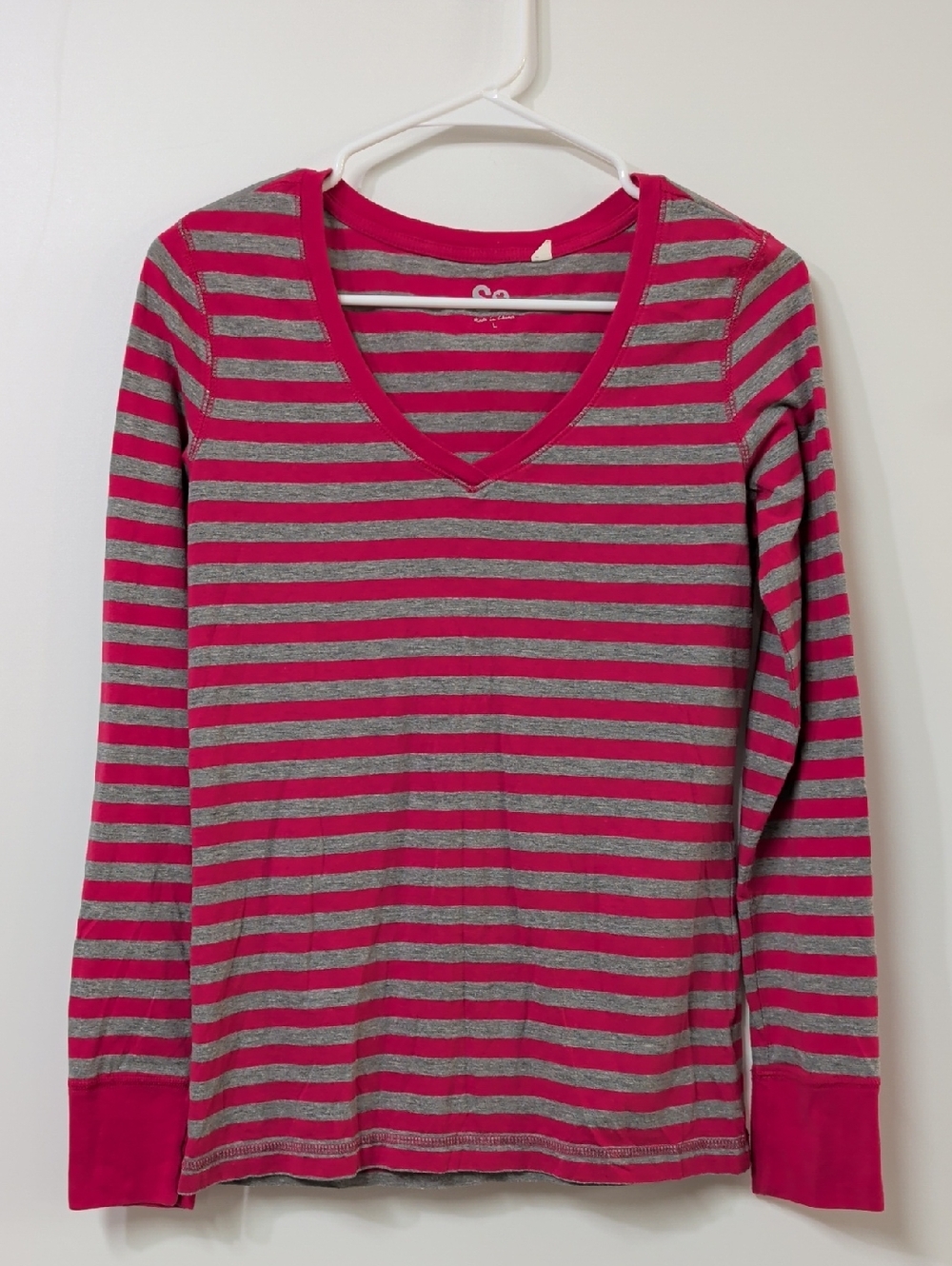 SO Vibrant Pink Grey Striped Long Sleeve Tee Size Large